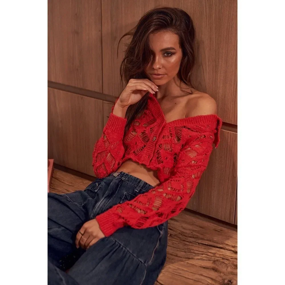 NWT Free People Sedona Open Knit Cropped Cardigan in Guava Berry, Size Small